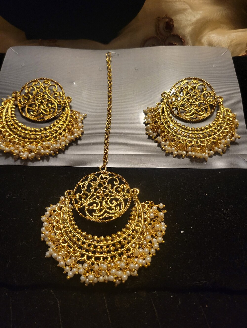 Gold Filigree Pearl Chandbali Earrings and Maang Tikka Set
